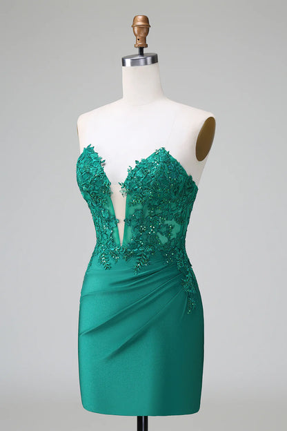 Amzcw Classy Dark Green Bodycon Strapless Pleated Short Homecoming Dress with Beading