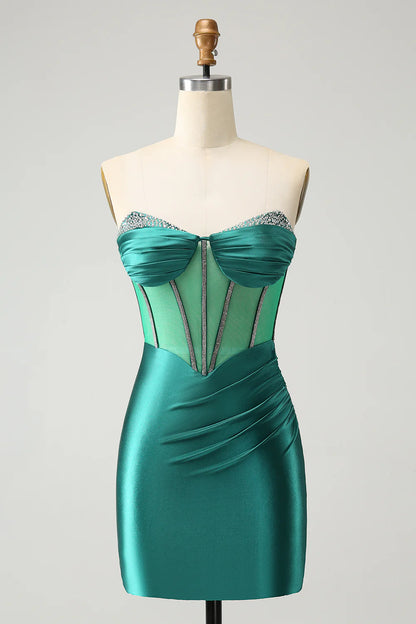 Amzcw Stylish Dark Green Bodycon Sweetheart Pleated Corset Short Homecoming Dress with Beading