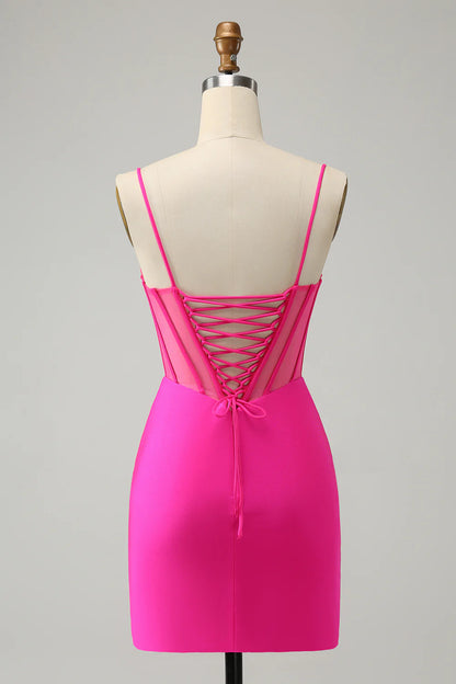Amzcw Stylish Fuchsia Bodycon Lace Up Back Beaded Corset Short Homecoming Dress with Slit