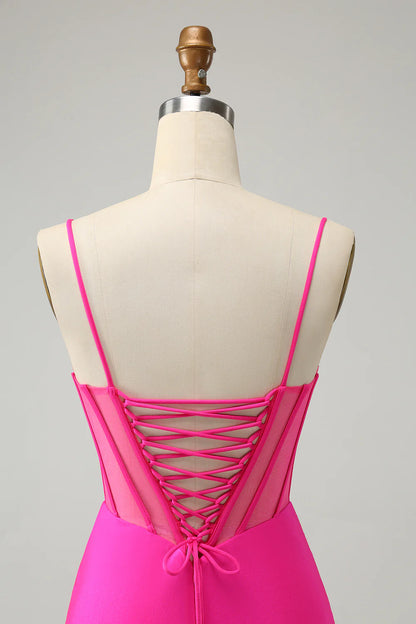 Amzcw Stylish Fuchsia Bodycon Lace Up Back Beaded Corset Short Homecoming Dress with Slit