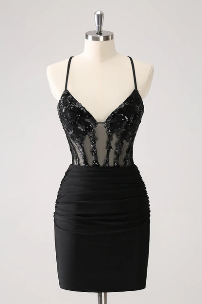 Amzcw Sparkly Unique Black Tight Spaghetti Straps Sequin Homecoming Dress with Lace Up Back