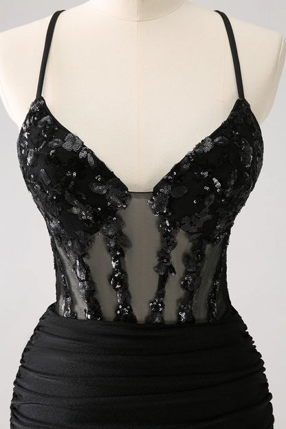 Amzcw Sparkly Unique Black Tight Spaghetti Straps Sequin Homecoming Dress with Lace Up Back