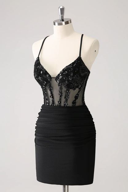 Amzcw Sparkly Unique Black Tight Spaghetti Straps Sequin Homecoming Dress with Lace Up Back