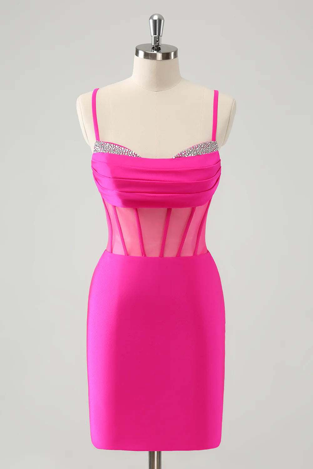 Amzcw Chic Fuchsia Bodycon Pleated Corset Short Homecoming Dress with Beading