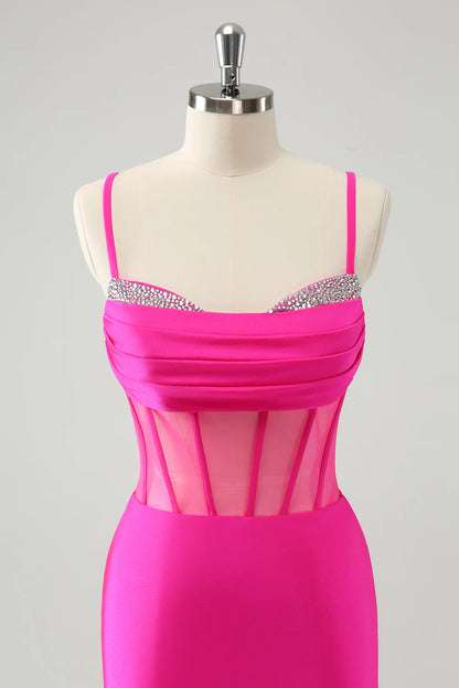 Amzcw Chic Fuchsia Bodycon Pleated Corset Short Homecoming Dress with Beading