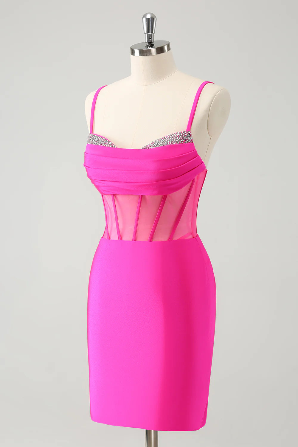 Amzcw Chic Fuchsia Bodycon Pleated Corset Short Homecoming Dress with Beading
