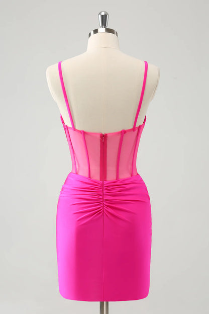 Amzcw Chic Fuchsia Bodycon Pleated Corset Short Homecoming Dress with Beading