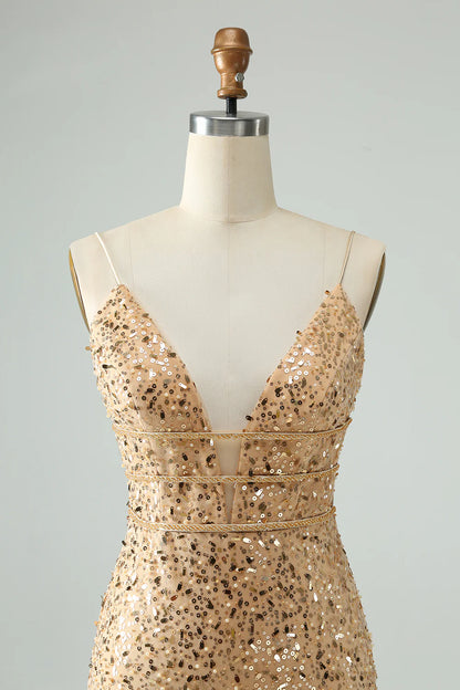 Amzcw Glitter Golden Bodycon Spaghetti Straps Corset Short Homecoming Dress with Sequins