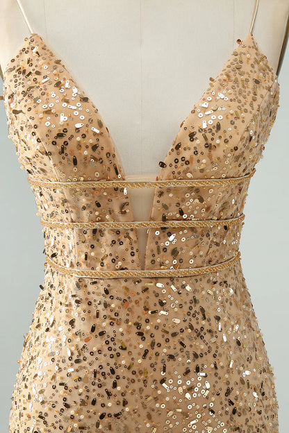 Amzcw Glitter Golden Bodycon Spaghetti Straps Corset Short Homecoming Dress with Sequins