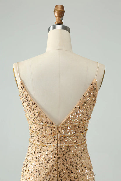 Amzcw Glitter Golden Bodycon Spaghetti Straps Corset Short Homecoming Dress with Sequins