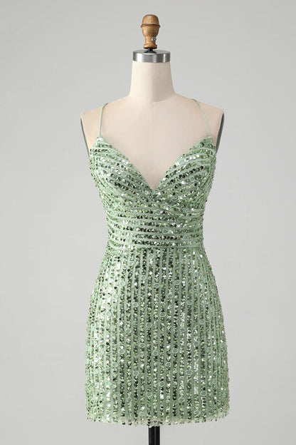 Amzcw Stylish Green Sheath Criss Cross Back Short Homecoming Dress with Sequins