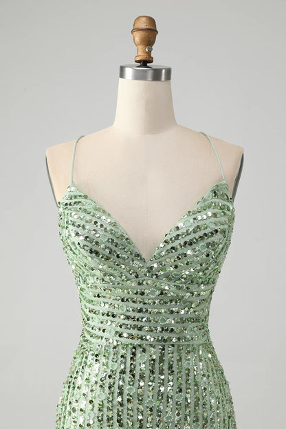 Amzcw Stylish Green Sheath Criss Cross Back Short Homecoming Dress with Sequins