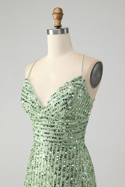 Amzcw Stylish Green Sheath Criss Cross Back Short Homecoming Dress with Sequins