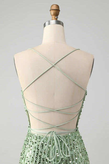 Amzcw Stylish Green Sheath Criss Cross Back Short Homecoming Dress with Sequins