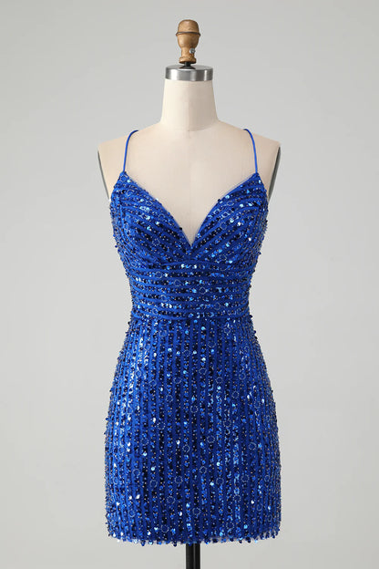 Amzcw Stylish Royal Blue Sheath Criss Cross Back Short Homecoming Dress with Sequins