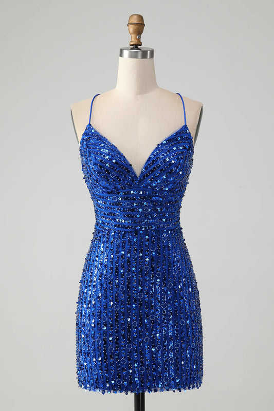Amzcw Stylish Royal Blue Sheath Criss Cross Back Short Homecoming Dress with Sequins