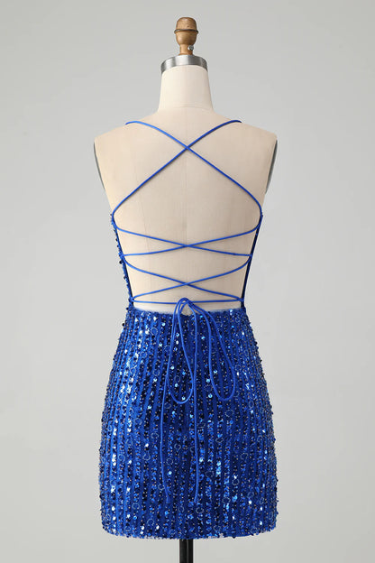 Amzcw Stylish Royal Blue Sheath Criss Cross Back Short Homecoming Dress with Sequins