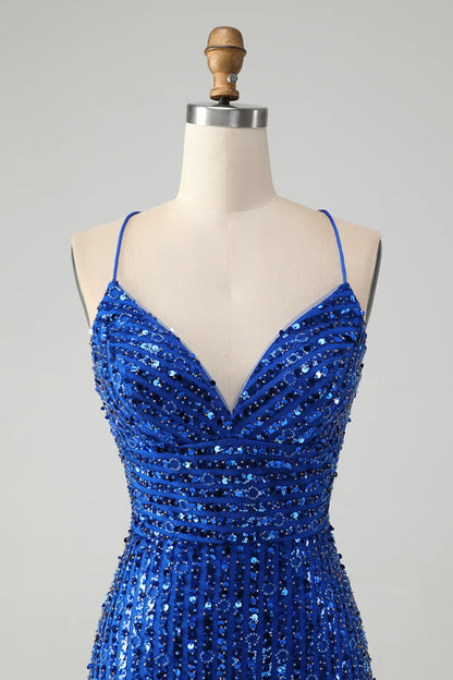 Amzcw Stylish Royal Blue Sheath Criss Cross Back Short Homecoming Dress with Sequins