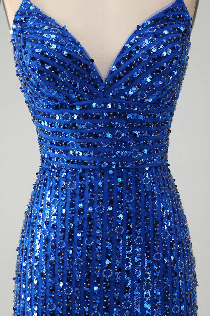 Amzcw Stylish Royal Blue Sheath Criss Cross Back Short Homecoming Dress with Sequins