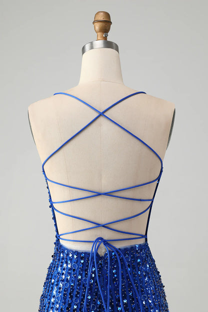 Amzcw Stylish Royal Blue Sheath Criss Cross Back Short Homecoming Dress with Sequins