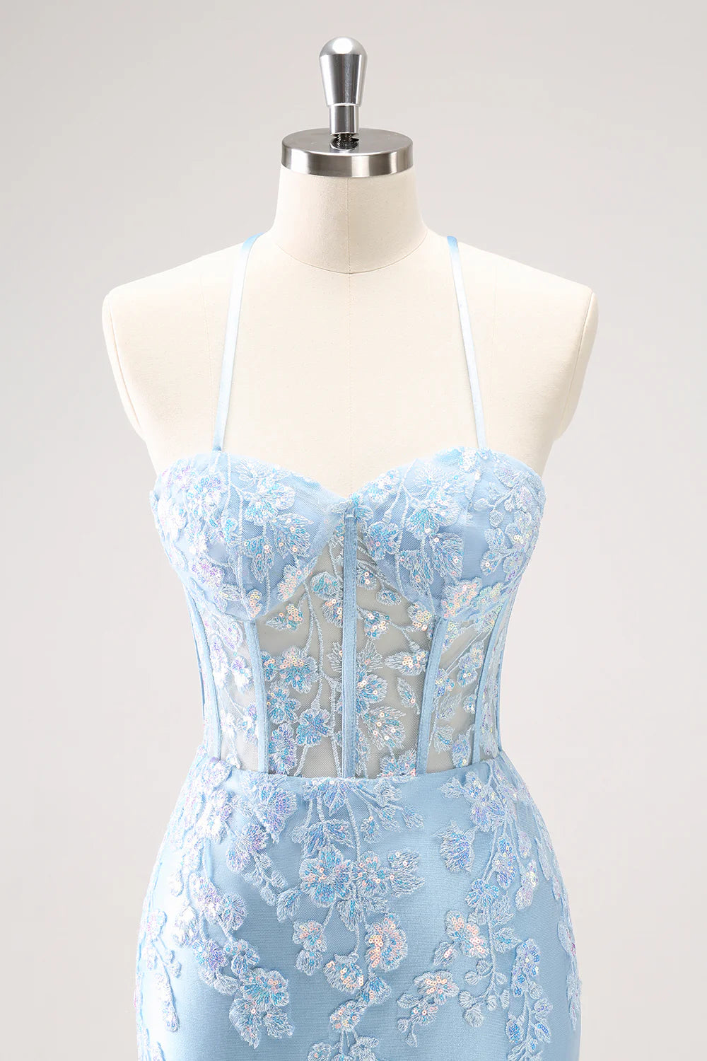 Amzcw Sparkly Blue Spaghetti Straps Sequin Corset Tigtht Homecoming Dress with Appliques