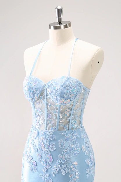 Amzcw Sparkly Blue Spaghetti Straps Sequin Corset Tigtht Homecoming Dress with Appliques
