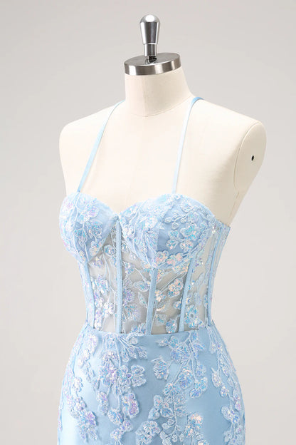 Amzcw Sparkly Blue Spaghetti Straps Sequin Corset Tigtht Homecoming Dress with Appliques