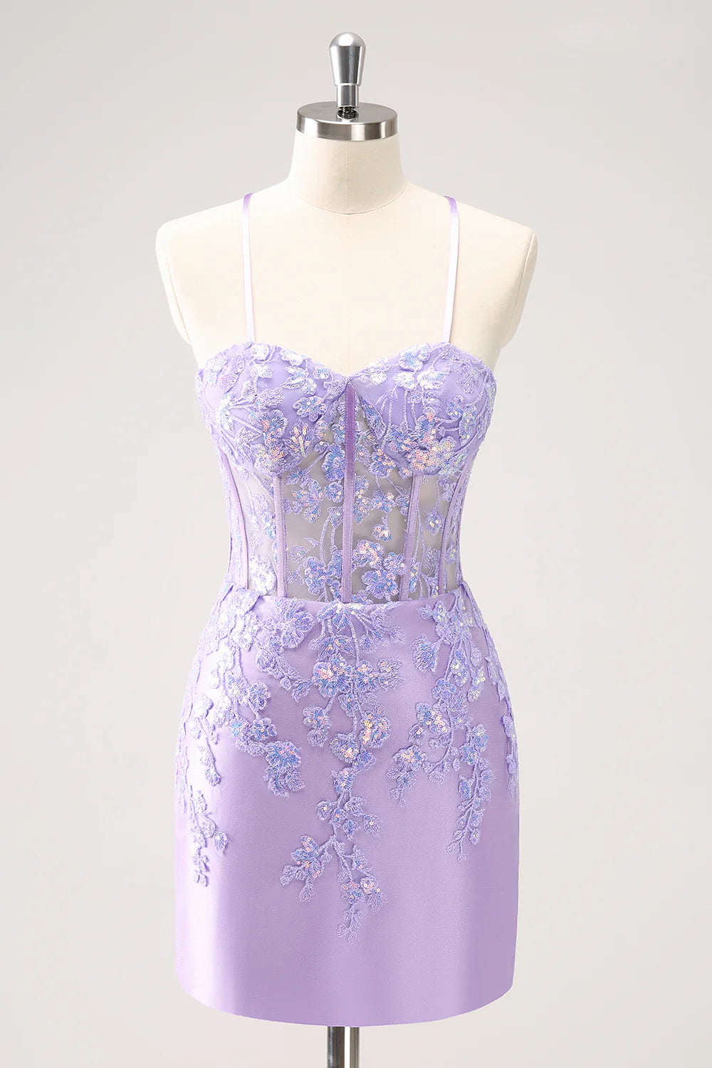 Amzcw Sparkly Lilac Bodycon Spaghetti Straps Sequin Corset Homecoming Dress with Appliques