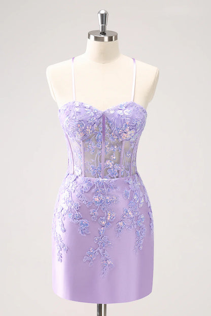 Amzcw Sparkly Lilac Bodycon Spaghetti Straps Sequin Corset Homecoming Dress with Appliques