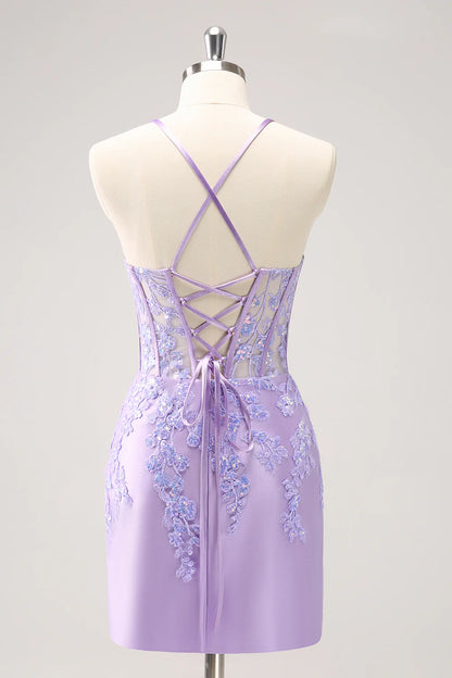 Amzcw Sparkly Lilac Bodycon Spaghetti Straps Sequin Corset Homecoming Dress with Appliques