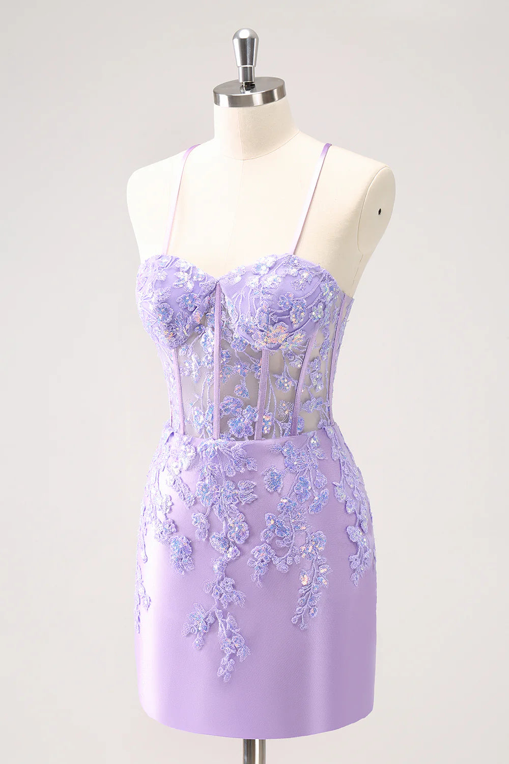 Amzcw Sparkly Lilac Bodycon Spaghetti Straps Sequin Corset Homecoming Dress with Appliques