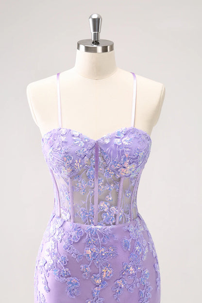 Amzcw Sparkly Lilac Bodycon Spaghetti Straps Sequin Corset Homecoming Dress with Appliques