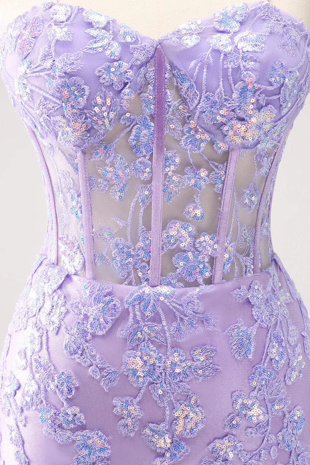Amzcw Sparkly Lilac Bodycon Spaghetti Straps Sequin Corset Homecoming Dress with Appliques