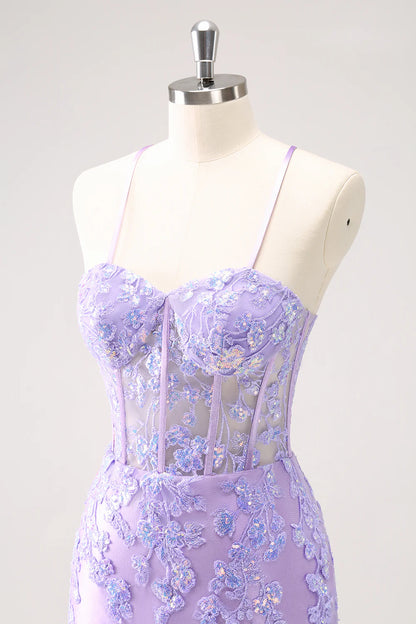 Amzcw Sparkly Lilac Bodycon Spaghetti Straps Sequin Corset Homecoming Dress with Appliques