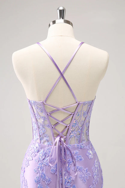 Amzcw Sparkly Lilac Bodycon Spaghetti Straps Sequin Corset Homecoming Dress with Appliques