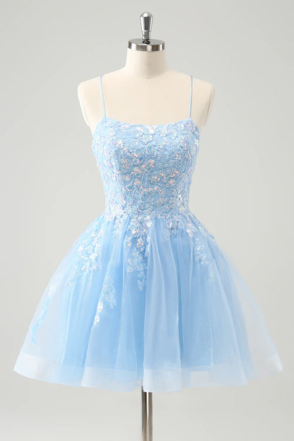 Amzcw Sparkly Blue A Line Spaghetti Straps Sequin Short Homecoming Dress with Lace Up Back