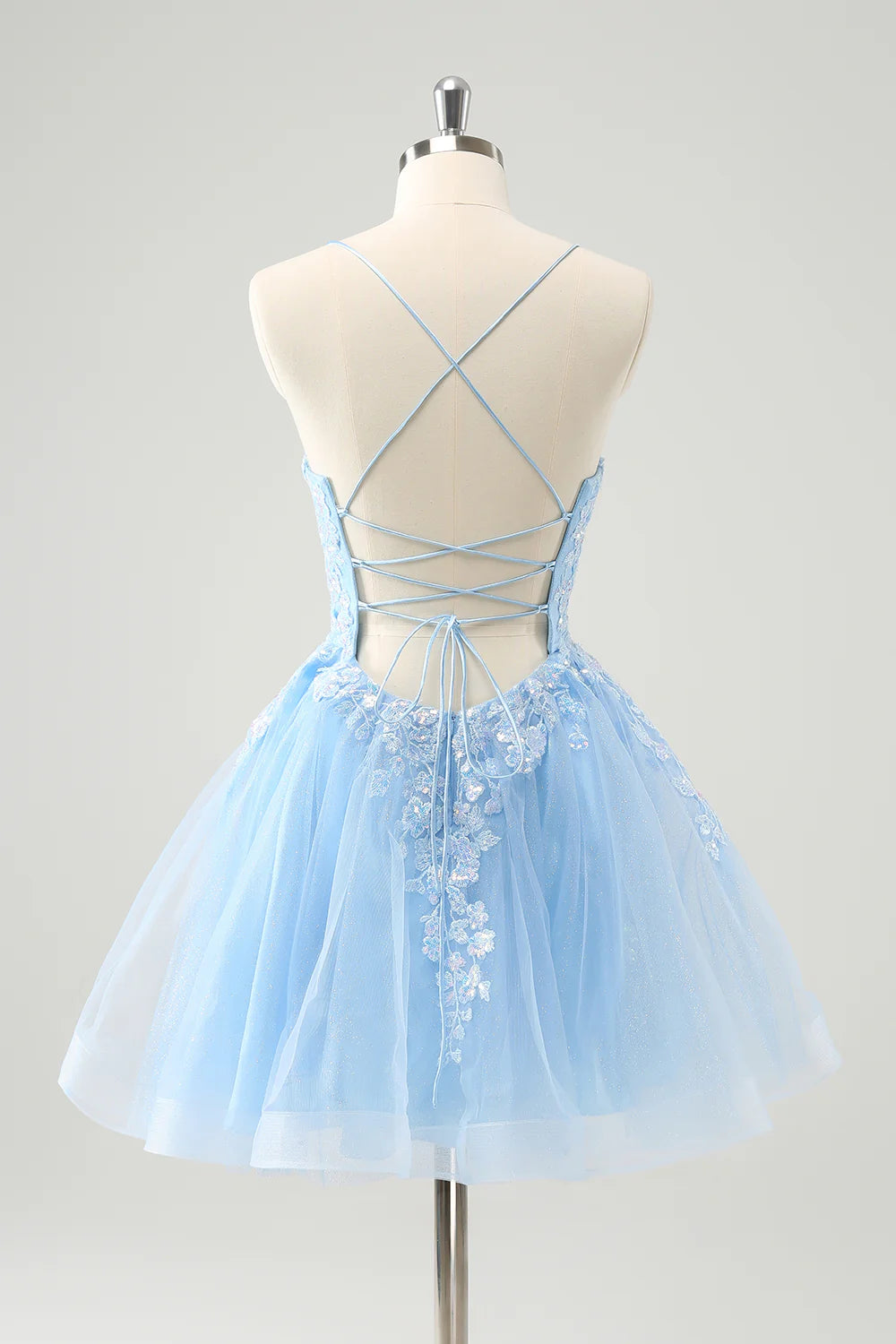 Amzcw Sparkly Blue A Line Spaghetti Straps Sequin Short Homecoming Dress with Lace Up Back