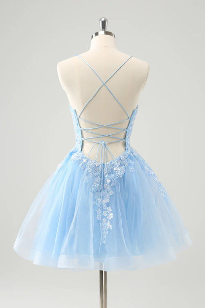Amzcw Sparkly Blue A Line Spaghetti Straps Sequin Short Homecoming Dress with Lace Up Back