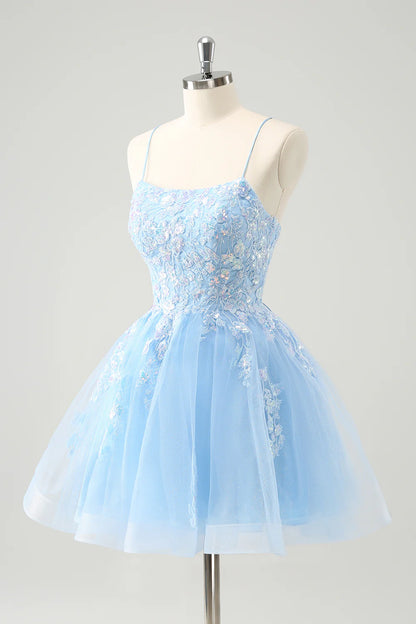 Amzcw Sparkly Blue A Line Spaghetti Straps Sequin Short Homecoming Dress with Lace Up Back