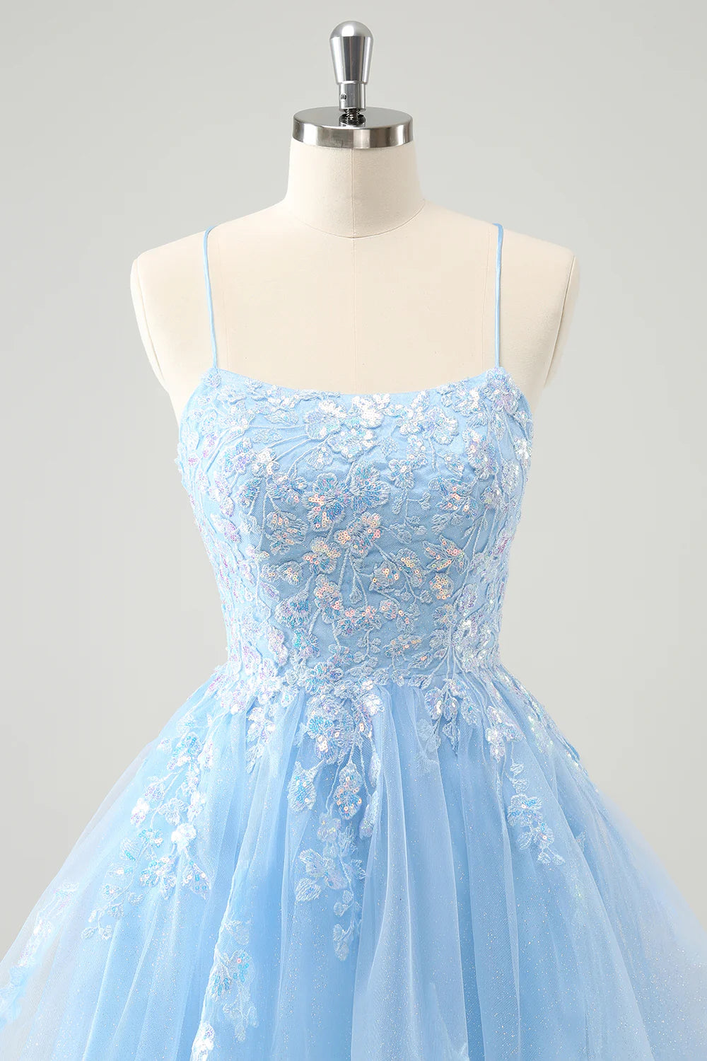 Amzcw Sparkly Blue A Line Spaghetti Straps Sequin Short Homecoming Dress with Lace Up Back