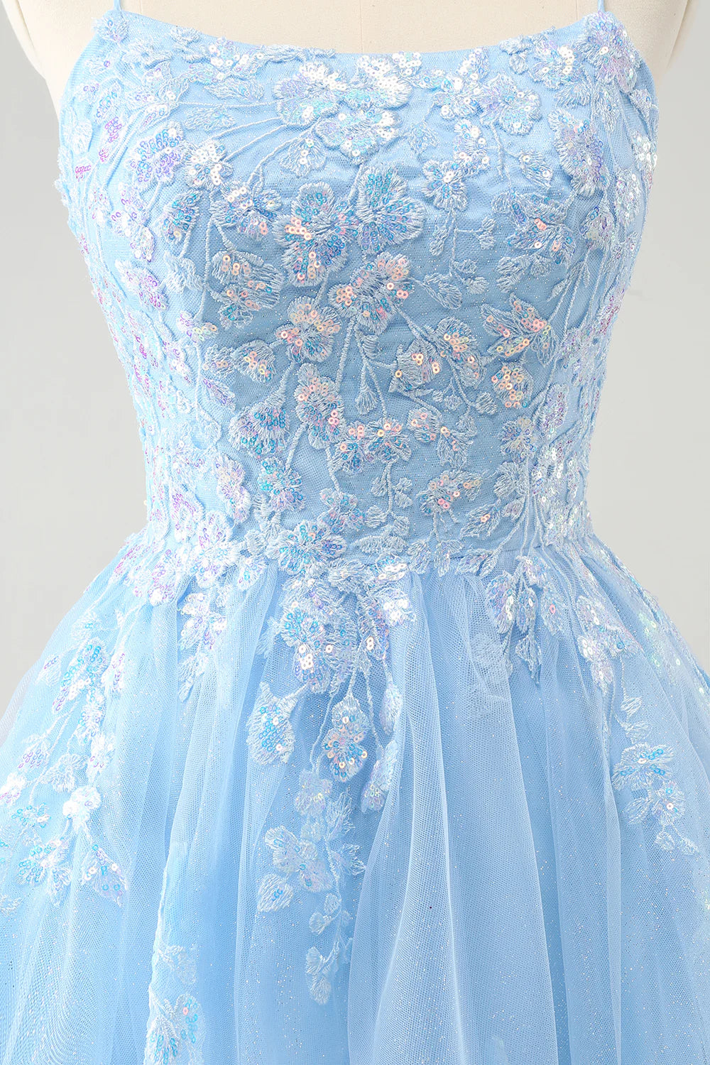 Amzcw Sparkly Blue A Line Spaghetti Straps Sequin Short Homecoming Dress with Lace Up Back