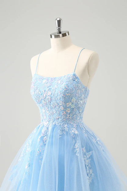 Amzcw Sparkly Blue A Line Spaghetti Straps Sequin Short Homecoming Dress with Lace Up Back