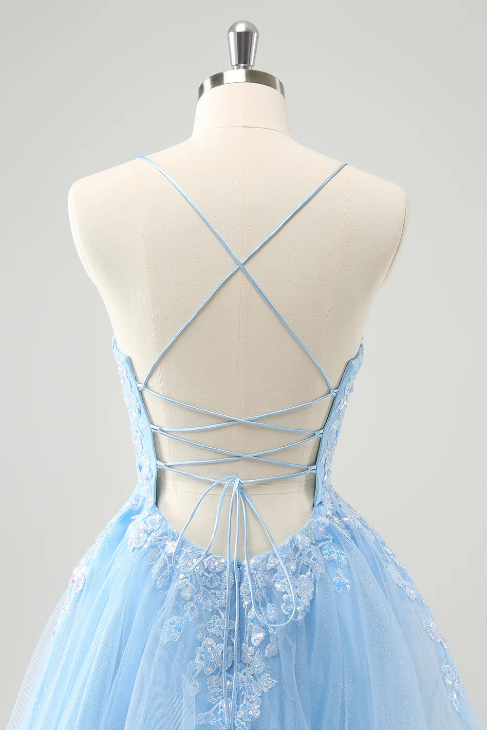 Amzcw Sparkly Blue A Line Spaghetti Straps Sequin Short Homecoming Dress with Lace Up Back