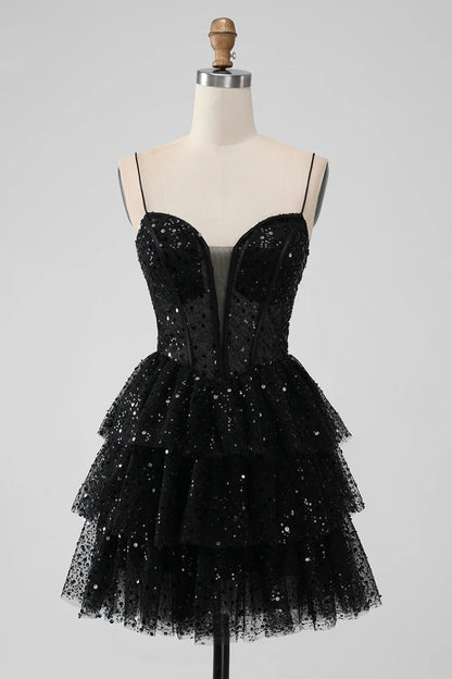 Amzcw Sparkly Black A Line Spaghetti Straps Tiered Short Homecoming Dress with Sequins