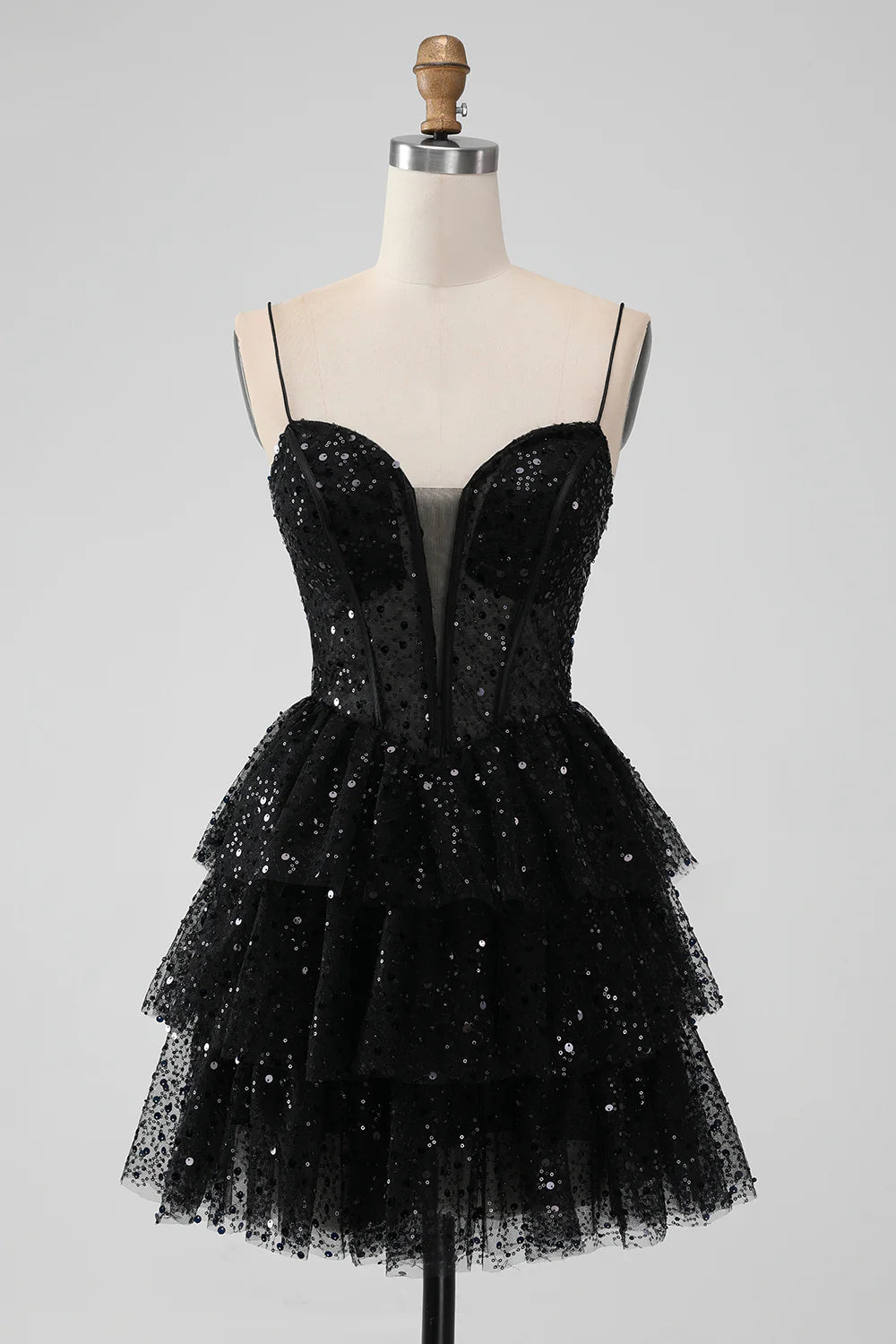 Amzcw Sparkly Black A Line Spaghetti Straps Tiered Short Homecoming Dress with Sequins