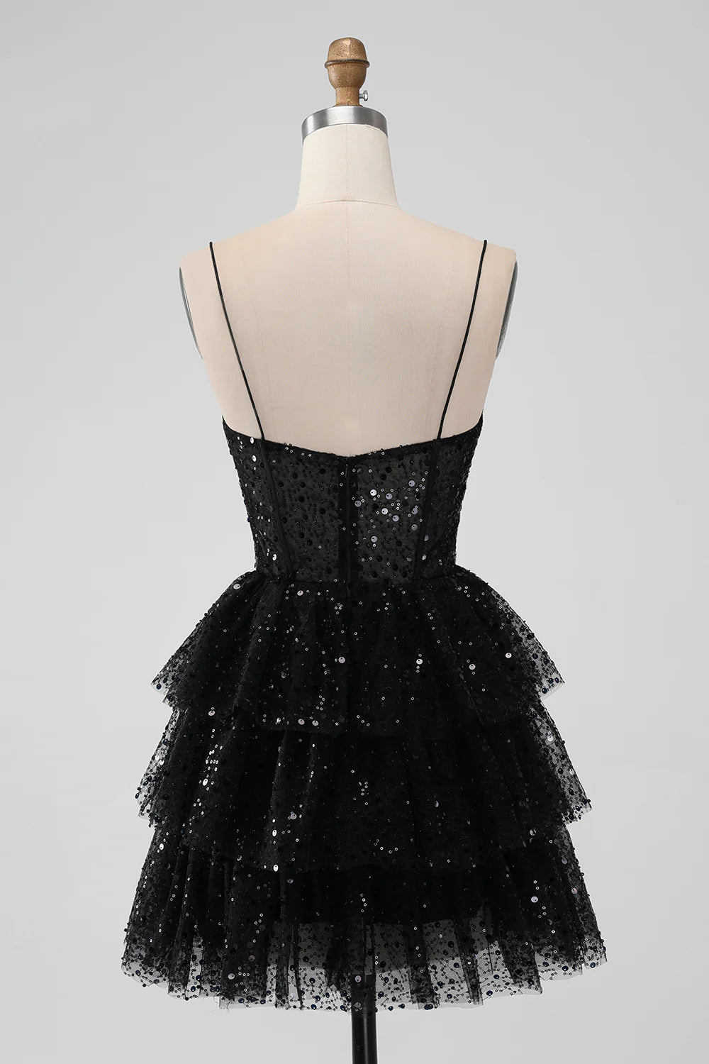 Amzcw Sparkly Black A Line Spaghetti Straps Tiered Short Homecoming Dress with Sequins