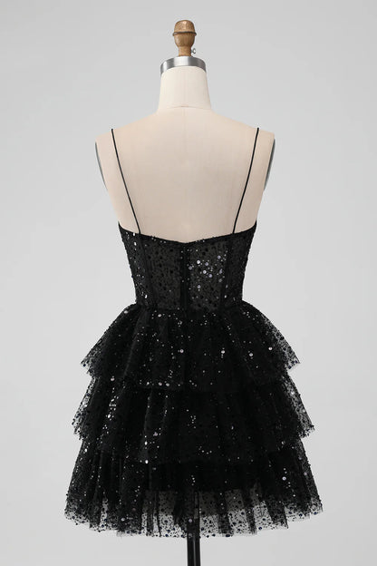 Amzcw Sparkly Black A Line Spaghetti Straps Tiered Short Homecoming Dress with Sequins