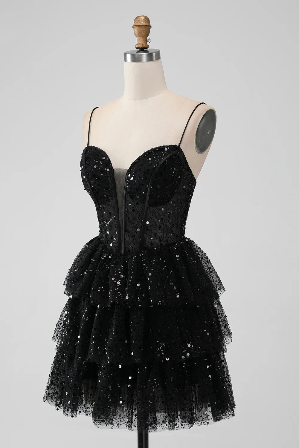 Amzcw Sparkly Black A Line Spaghetti Straps Tiered Short Homecoming Dress with Sequins
