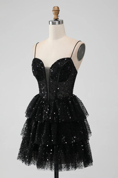 Amzcw Sparkly Black A Line Spaghetti Straps Tiered Short Homecoming Dress with Sequins