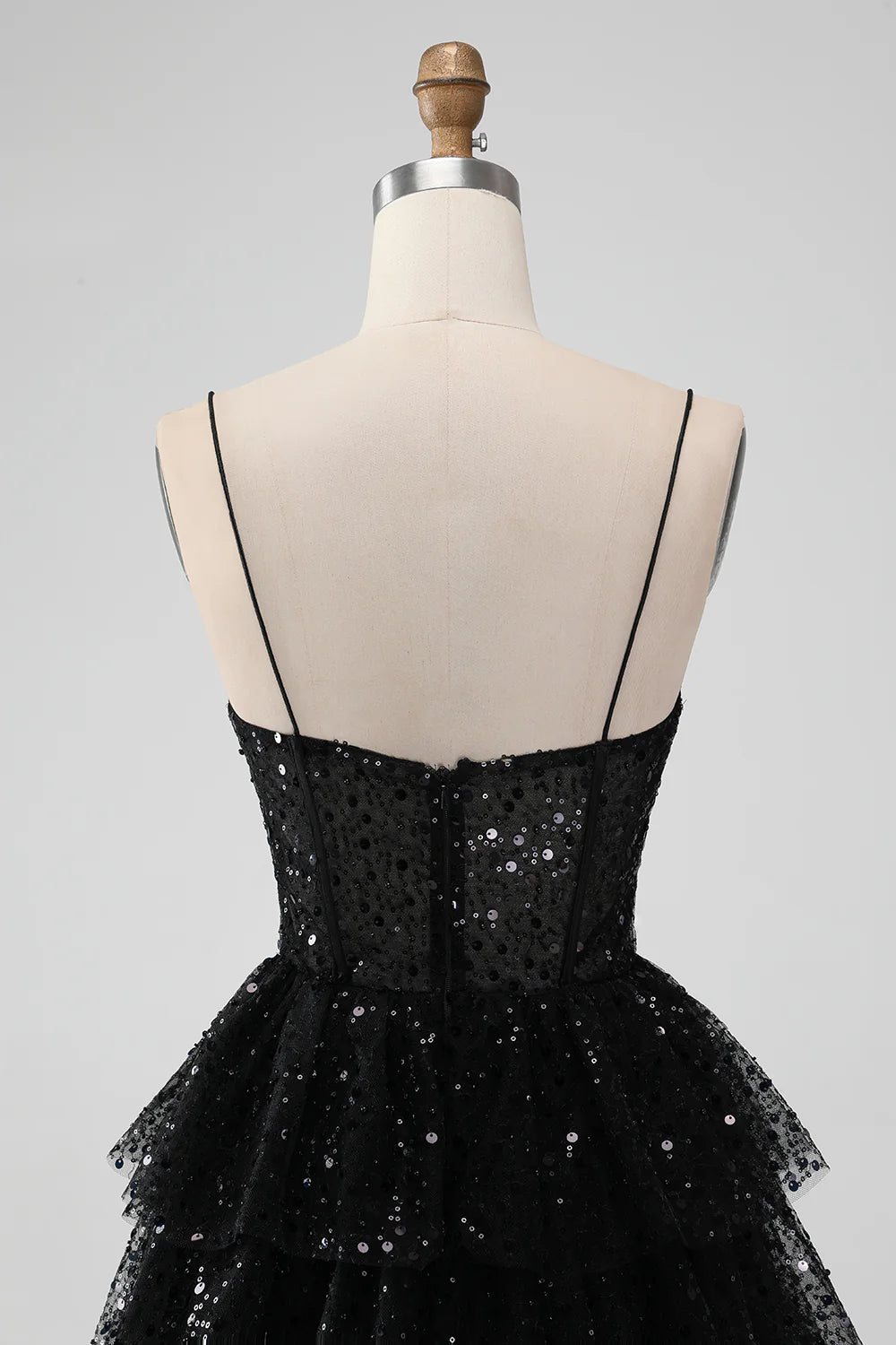 Amzcw Sparkly Black A Line Spaghetti Straps Tiered Short Homecoming Dress with Sequins
